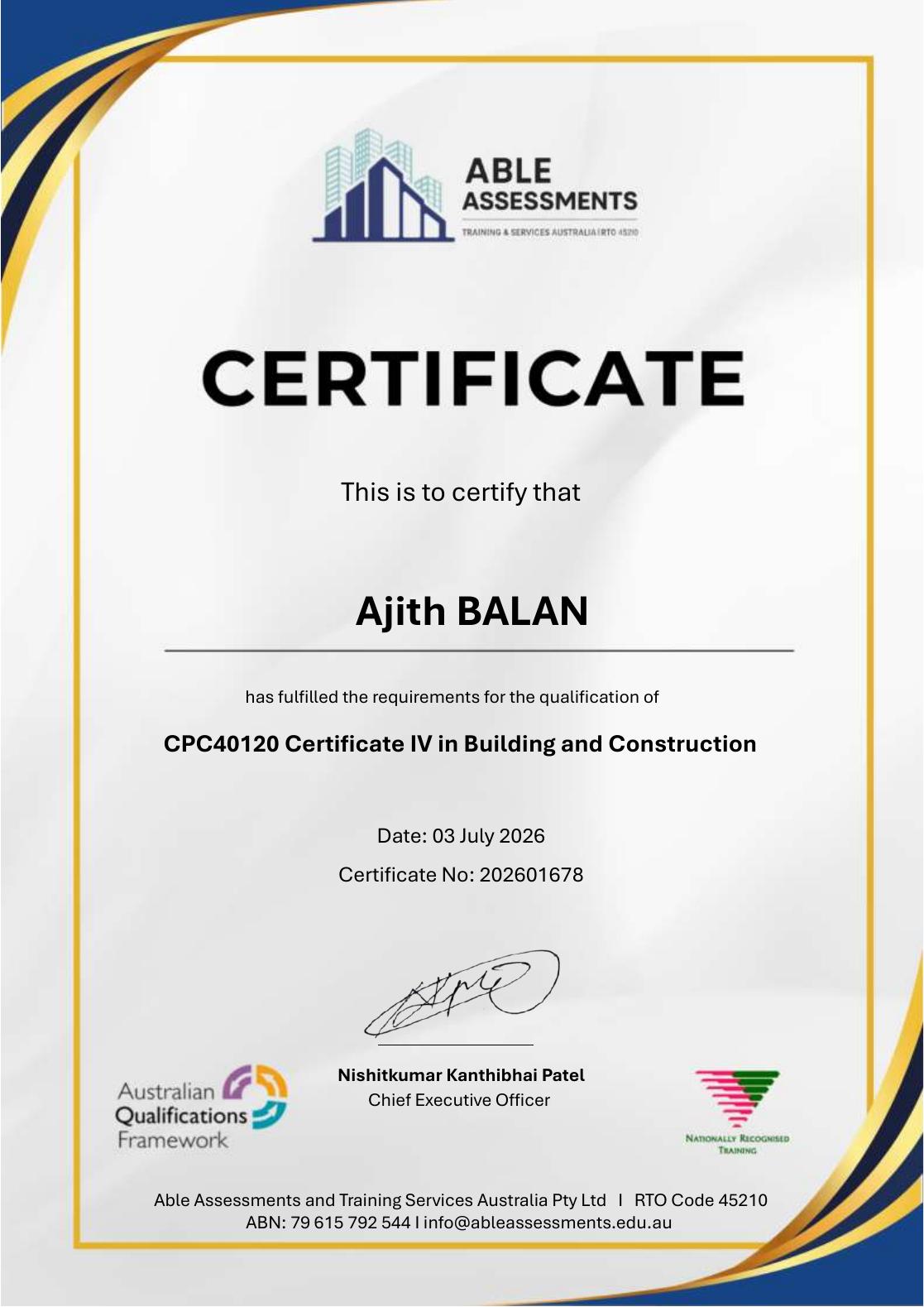 Preview of Ajith Balan's Certificate IV in Building and Construction